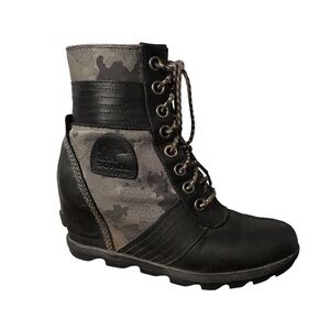 Sorel Lexie Black Camo Wedge Boot Womens 7 Leather Grey Gray